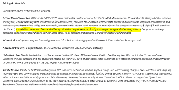 Xfinity 400 Mbps Internet Plan Terms and Conditions